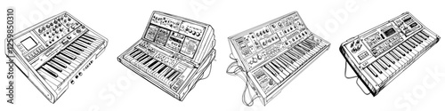 Vector illustration showcasing hand-drawn synthesizers with intricate details and unique designs in a creative setting