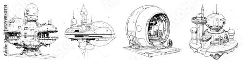 Innovative hand-drawn vector illustration of futuristic space habitats showcasing unique architectural designs and features