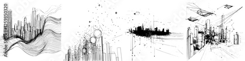 Vector illustration showcasing abstract cityscape with hand-drawn style and dynamic lines representing urban life and architecture