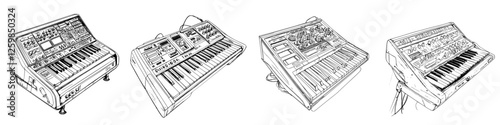 Hand-drawn vector illustration of vintage synthesizers showcasing diverse keyboard layouts and intricate designs
