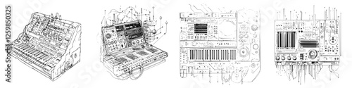 Detailed vector illustration of hand-drawn synthesizers showcasing intricate designs and electronic components