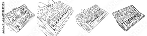 Intricate hand-drawn vector illustration of synthesizers showcasing various designs and details in a musical setting