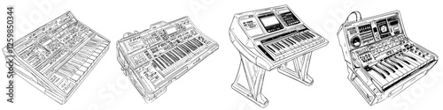 Vector illustration of various synthesizers in hand-drawn style showcasing their unique designs and features