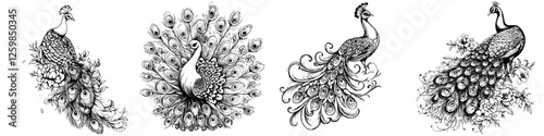 Elegant hand-drawn vector illustrations of peacocks displaying their plumage in intricate detail