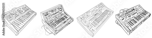 Hand-drawn vector illustration of multiple synthesizers showcasing intricate details and artistic design