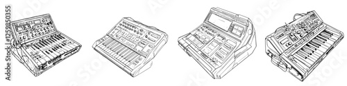 Vector illustration capturing various musical synthesizers in a hand-drawn style depicting creativity and music-making