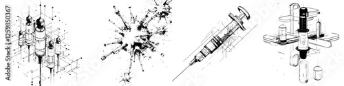 Vector illustration in hand-drawn style showcasing various medical instruments and lab equipment in diverse arrangements