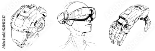 Detailed hand-drawn vector illustration of futuristic wearable technology showcasing a helmet and a robotic hand