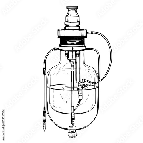 Hand-drawn vector illustration of a vintage laboratory glass apparatus with intricate designs and detailed components