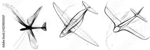 Vector illustration showcasing three aircraft designs in hand-drawn style with unique aerial perspectives and movements