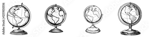 Vector illustration of hand-drawn globes showcasing different perspectives of the Earth in a vintage style