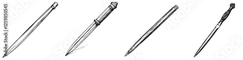 Hand-drawn vector illustration of various knife designs showcasing unique handles and blade shapes