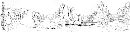 Hand-drawn vector illustration of a majestic mountain landscape with rocky terrain and a serene water body