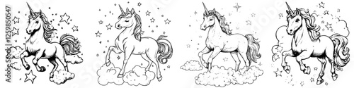 Unique hand draw vector illustration of unicorns trotting among clouds and stars in a whimsical setting
