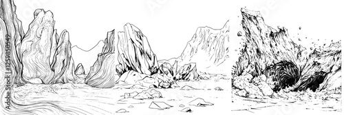 Lush hand-drawn illustration of rocky landscape with flowing stream and distant mountains during midday