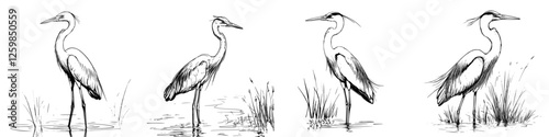 Elegant hand-drawn vector illustration of herons wading through a serene wetland and exploring their natural habitat