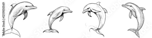 Dolphins playfully swimming in the ocean illustrated in a hand-drawn vector style