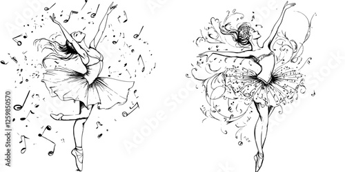 Ballet dancers gracefully express movement and joy with music notes in a hand-drawn vector illustration