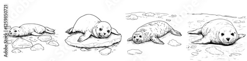 Vector illustration depicting seals resting on rocks in a coastal setting during daylight hours