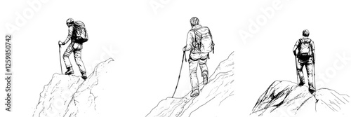 Vector illustration of a hiker climbing a rocky mountain in a hand-drawn style during the day