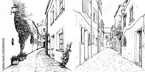 Charming hand-drawn vector illustration of a narrow street lined with houses and greenery in a quaint village setting