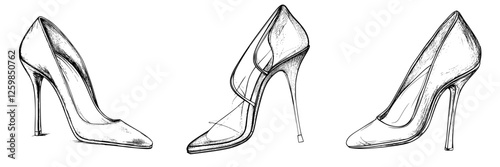 Elegant hand-drawn vector illustrations of high-heeled shoes with unique designs and varying styles for fashion enthusiasts