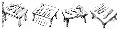 Detailed hand-drawn vector illustration of various tools organized on wooden tables in a creative workspace