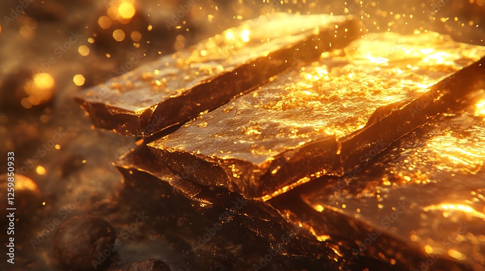 Naklejka premium Chocolate bar snapping in stunning detail, the creamy core flowing slightly, encased by a crunchy textured shell, glossy edges glowing under cinematic golden light,