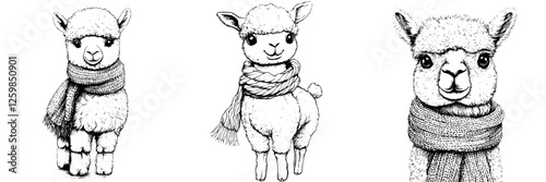 Charming hand-drawn vector illustration of three adorable llamas wearing cozy scarves in a playful pose