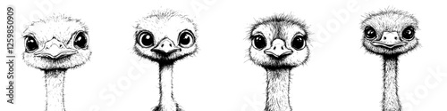 Charming hand-drawn vector illustration of adorable ostrich caricatures set against a clean backdrop