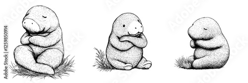 Charming hand-drawn vector illustration of three relaxed, cuddly creatures resting on soft grass in a serene setting