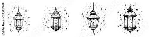 Hand-drawn vector illustration of decorative lanterns with stars in the night sky