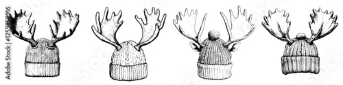 Hand-drawn vector illustration of winter hats with antlers showcasing festive designs