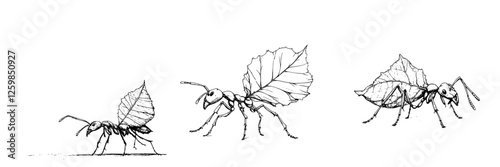 Detailed hand-drawn vector illustration of leafcutter ants carrying leaves in various positions