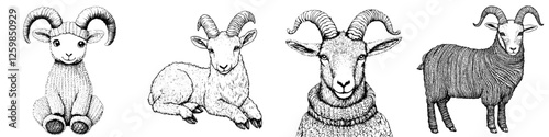 Hand-drawn vector illustration of various sheep and goats with unique features and playful expressions