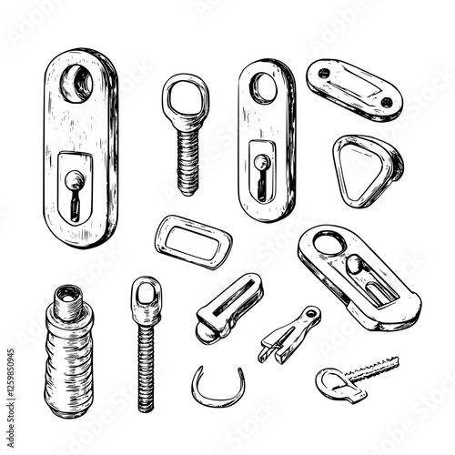 Hand drawn vector illustration of various mechanical components and hardware details for design and engineering purposes