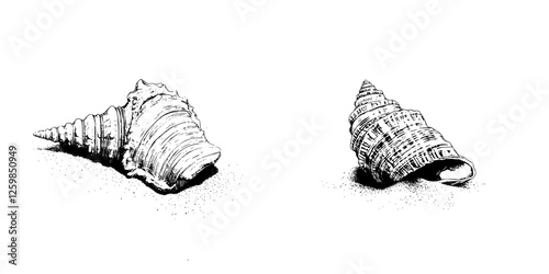 Illustration of two intricately detailed hand-drawn seashells placed on a sandy surface