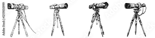 Elegant hand-drawn vector illustration showcasing four different camera tripods in various poses for photography enthusiasts