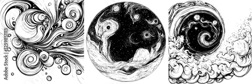 Abstract hand-drawn vector illustration showcasing swirling galaxies and cosmic elements in monochromatic style