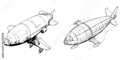 Vector illustration of hand-drawn futuristic aircraft designs with unique structures and features