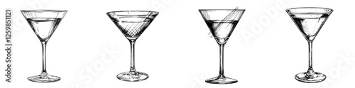 Various elegant cocktail glasses illustrated in a hand-drawn style showcasing unique designs and shapes with a classic touch