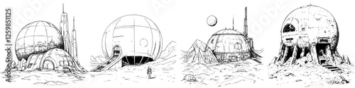 Vector illustration of futuristic habitat designs in a desolate landscape with detailed structures and a celestial backdrop