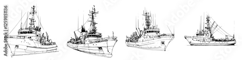 Hand-drawn vector illustration of diverse ships in various angles showcasing intricate nautical design