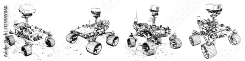 Exploration robots designed for Mars with hand-drawn vector illustration in detailed style