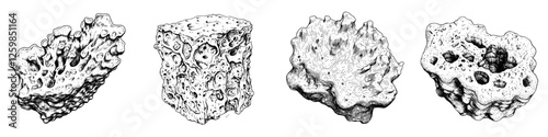 Unique hand-drawn vector illustrations of various sponge types showcasing intricate textures and forms