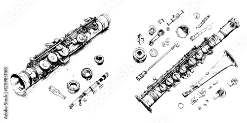 Hand-drawn vector illustration of a clarinet and its disassembled parts showcasing musical craftsmanship in fine detail