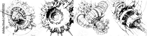 Hand-drawn vector illustration of intricate futuristic spacecraft designs depicting advanced technology and space exploration