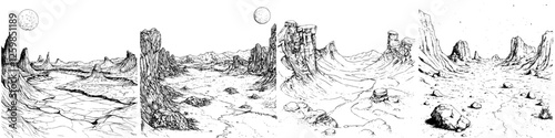 Hand-drawn vector illustration of a surreal desert landscape under a large moon