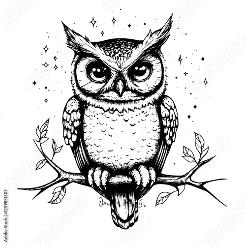 Detailed hand-drawn vector illustration of an owl perched on a branch surrounded by stars at night