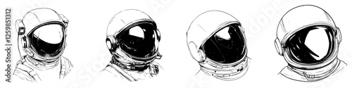 Intricate hand-drawn vector illustration of various astronaut helmet designs showcasing space exploration themes